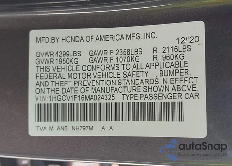 2021 Honda Accord Lx z USA, uszkodzony, nr VIN 1HGCV1F16MA024325